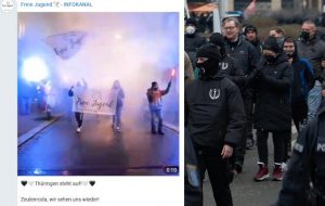 Die “Freie Jugend” (Luca Strobel links am Transparent) in Zeulenroda am 07.12.2021 und rechts Luca Strobel (blaue Jacke) bei der “Neuen Stärke Partei” in Gera am 11.12.2021; außerdem rechts (mit Brille): Olaf Wilke aus Gera