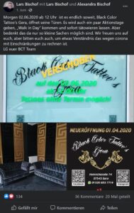 Post zur Eröffnung des Tattoostudios Black Color Tattoos von Lars Bischof in Gera am 02.06.2020